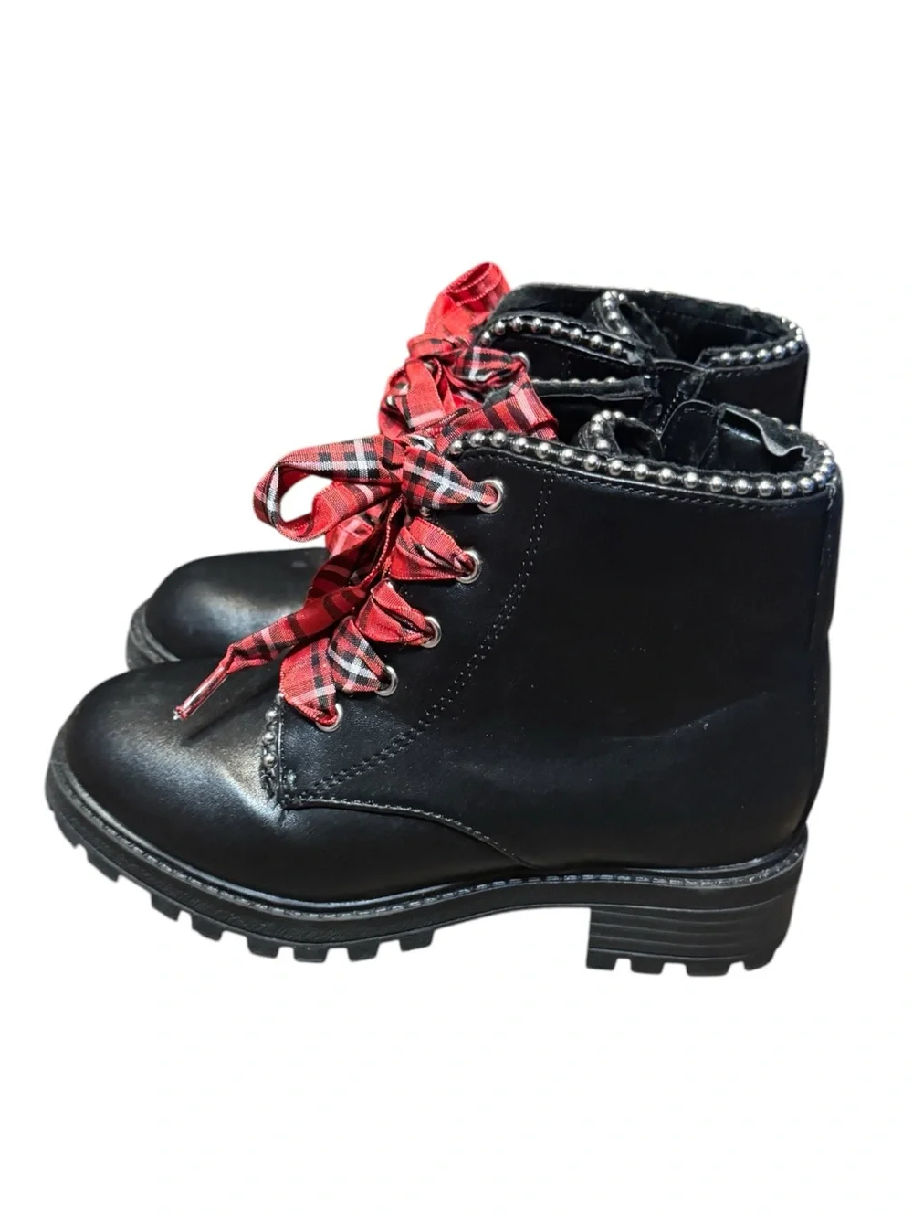 kidpik Black Studded Combat Boots with Red Plaid Ribbon Laces Size 12